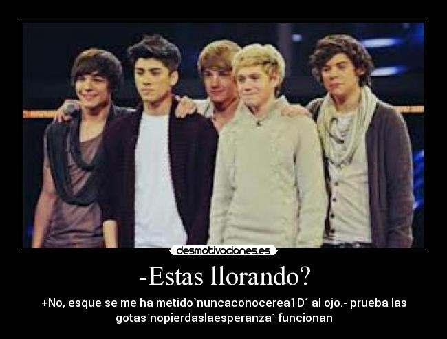 -Estas llorando? - +No, esque se me ha metido`nuncaconocerea1D´ al ojo.- prueba las
gotas`nopierdaslaesperanza´ funcionan