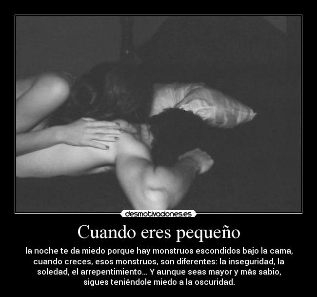 Cuando eres pequeño - la noche te da miedo porque hay monstruos escondidos bajo la cama,
cuando creces, esos monstruos, son diferentes: la inseguridad, la
soledad, el arrepentimiento... Y aunque seas mayor y más sabio,
sigues teniéndole miedo a la oscuridad.