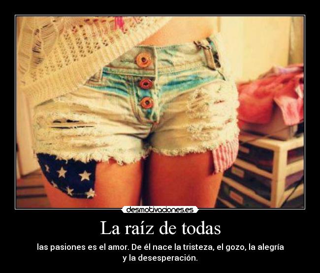 La raíz de todas - las pasiones es el amor. De él nace la tristeza, el gozo, la alegría y la desesperación.