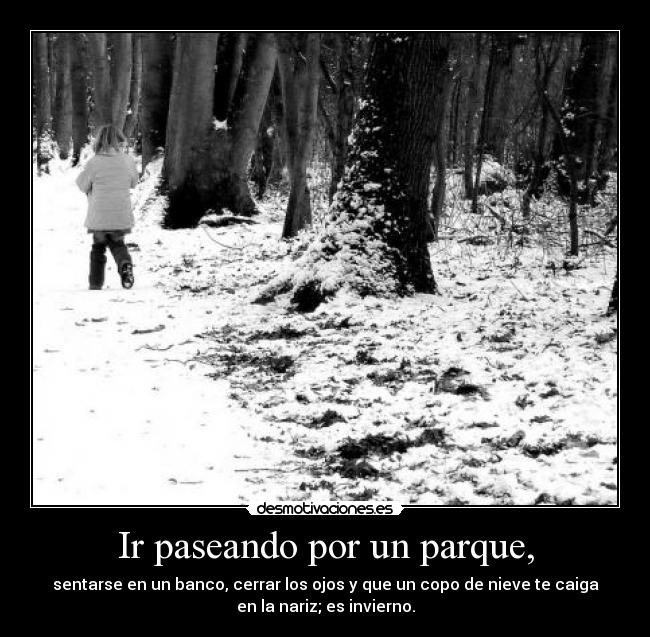 Ir paseando por un parque, - sentarse en un banco, cerrar los ojos y que un copo de nieve te caiga
en la nariz; es invierno.
