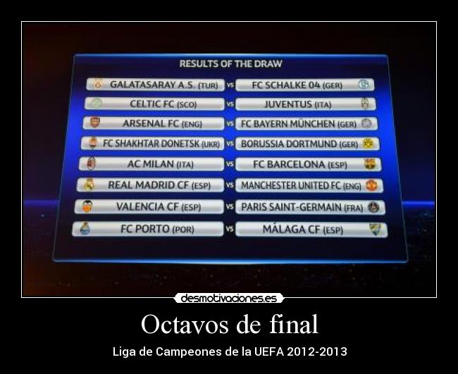 carteles 2013 2012 campeones uefa liga octavos final barcelona milan malaga porto valencia schalke arsenal desmotivaciones