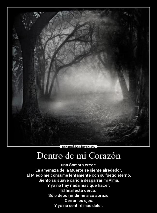 Dentro de mi Corazón - una Sombra crece.
La amenaza de la Muerte se siente alrededor.
El Miedo me consume lentamente con su fuego eterno.
Siento su suave caricia desgarrar mi Alma.
Y ya no hay nada más que hacer.
El final está cerca.
Sólo debo rendirme a su abrazo.
Cerrar los ojos.
Y ya no sentiré mas dolor.