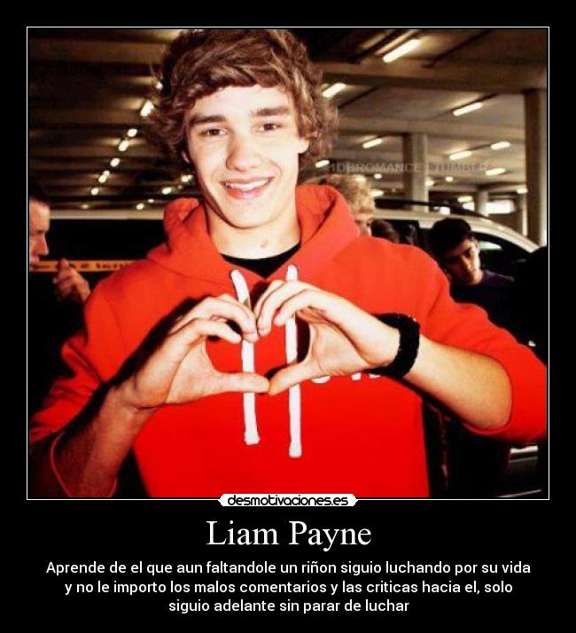Liam Payne - Aprende de el que aun faltandole un riñon siguio luchando por su vida
y no le importo los malos comentarios y las criticas hacia el, solo
siguio adelante sin parar de luchar
