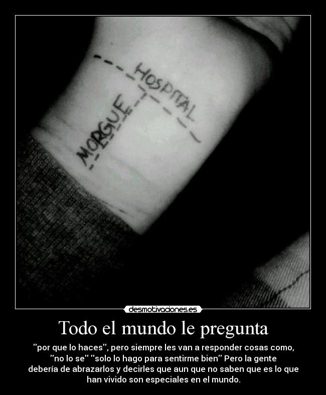 Todo el mundo le pregunta - por que lo haces, pero siempre les van a responder cosas como,
no lo se solo lo hago para sentirme bien Pero la gente
debería de abrazarlos y decirles que aun que no saben que es lo que
han vivido son especiales en el mundo.