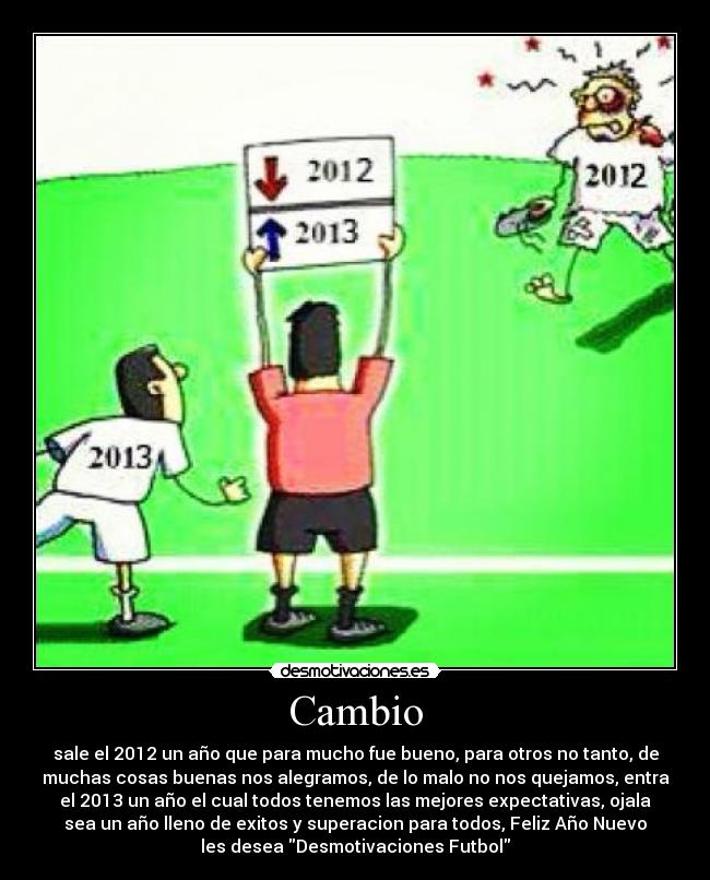 Cambio - sale el 2012 un año que para mucho fue bueno, para otros no tanto, de
muchas cosas buenas nos alegramos, de lo malo no nos quejamos, entra
el 2013 un año el cual todos tenemos las mejores expectativas, ojala
sea un año lleno de exitos y superacion para todos, Feliz Año Nuevo
les desea Desmotivaciones Futbol