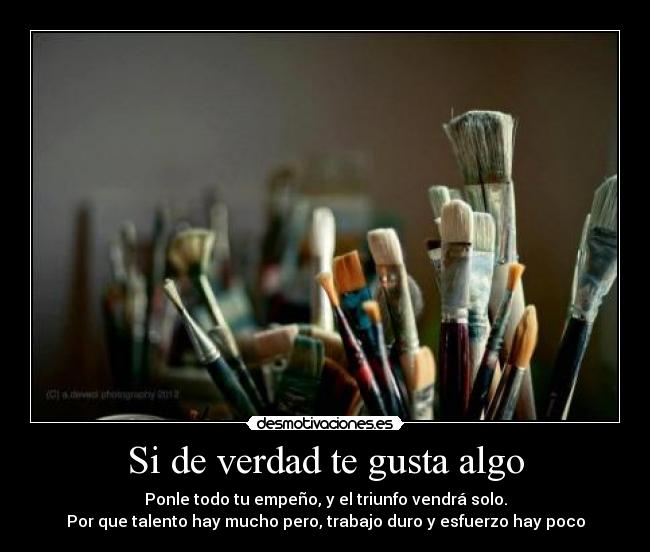 Si de verdad te gusta algo - Ponle todo tu empeño, y el triunfo vendrá solo.
Por que talento hay mucho pero, trabajo duro y esfuerzo hay poco