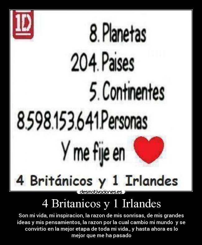 4 Britanicos y 1 Irlandes - Son mi vida, mi inspiracion, la razon de mis sonrisas, de mis grandes
ideas y mis pensamientos, la razon por la cual cambio mi mundo y se
convirtio en la mejor etapa de toda mi vida., y hasta ahora es lo
mejor que me ha pasado