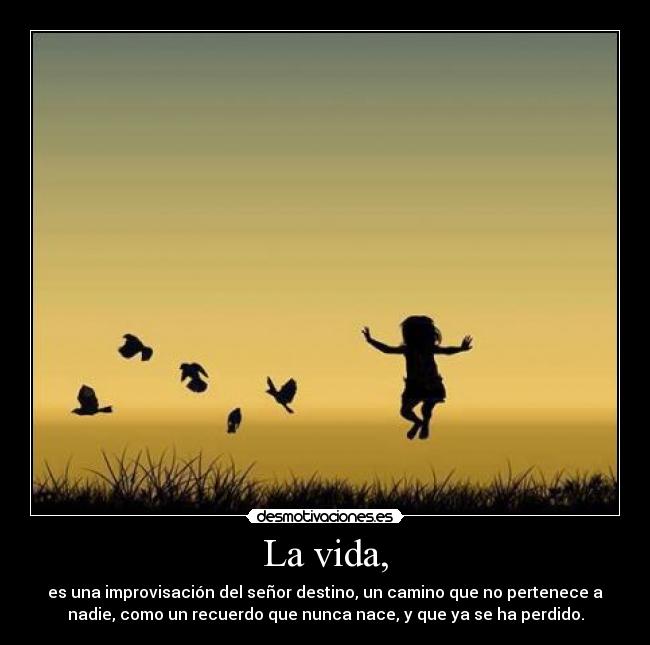 La vida, - es una improvisación del señor destino, un camino que no pertenece a
nadie, como un recuerdo que nunca nace, y que ya se ha perdido.