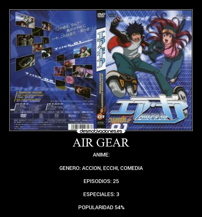 AIR GEAR - ANIME:

GENERO: ACCION, ECCHI, COMEDIA

EPISODIOS: 25

ESPECIALES: 3

POPULARIDAD 54%
