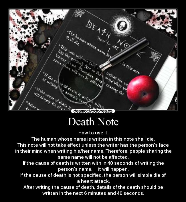 carteles anime manga death note como usarlo yagami light raito misa aname ryuk shinigami manzana desmotivaciones