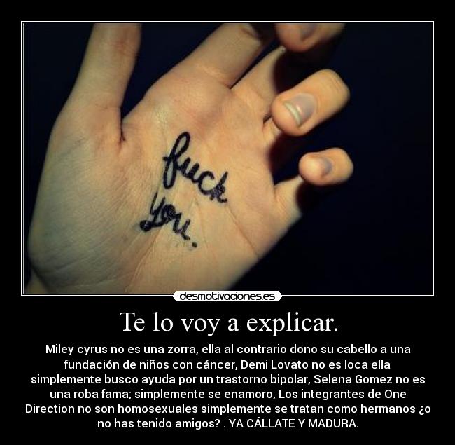 Te lo voy a explicar. - Miley cyrus no es una zorra, ella al contrario dono su cabello a una
fundación de niños con cáncer, Demi Lovato no es loca ella
simplemente busco ayuda por un trastorno bipolar, Selena Gomez no es
una roba fama; simplemente se enamoro, Los integrantes de One
Direction no son homosexuales simplemente se tratan como hermanos ¿o
no has tenido amigos? . YA CÁLLATE Y MADURA.