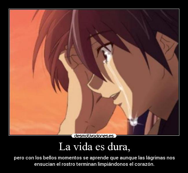 La vida es dura, - pero con los bellos momentos se aprende que aunque las lágrimas nos
ensucian el rostro terminan limpiándonos el corazón.