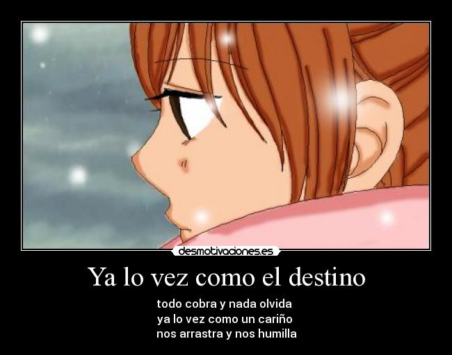 Ya lo vez como el destino - todo cobra y nada olvida
ya lo vez como un cariño
nos arrastra y nos humilla