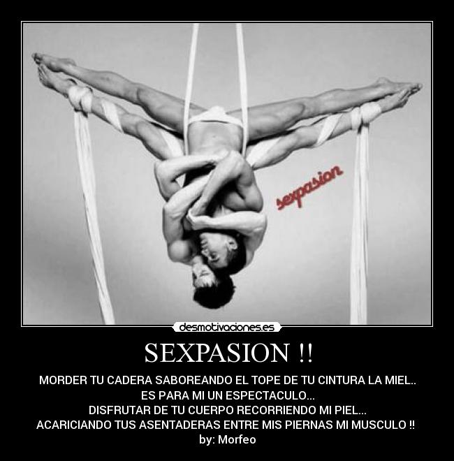 SEXPASION !! - MORDER TU CADERA SABOREANDO EL TOPE DE TU CINTURA LA MIEL..
ES PARA MI UN ESPECTACULO...
DISFRUTAR DE TU CUERPO RECORRIENDO MI PIEL...
ACARICIANDO TUS ASENTADERAS ENTRE MIS PIERNAS MI MUSCULO !! 
by: Morfeo