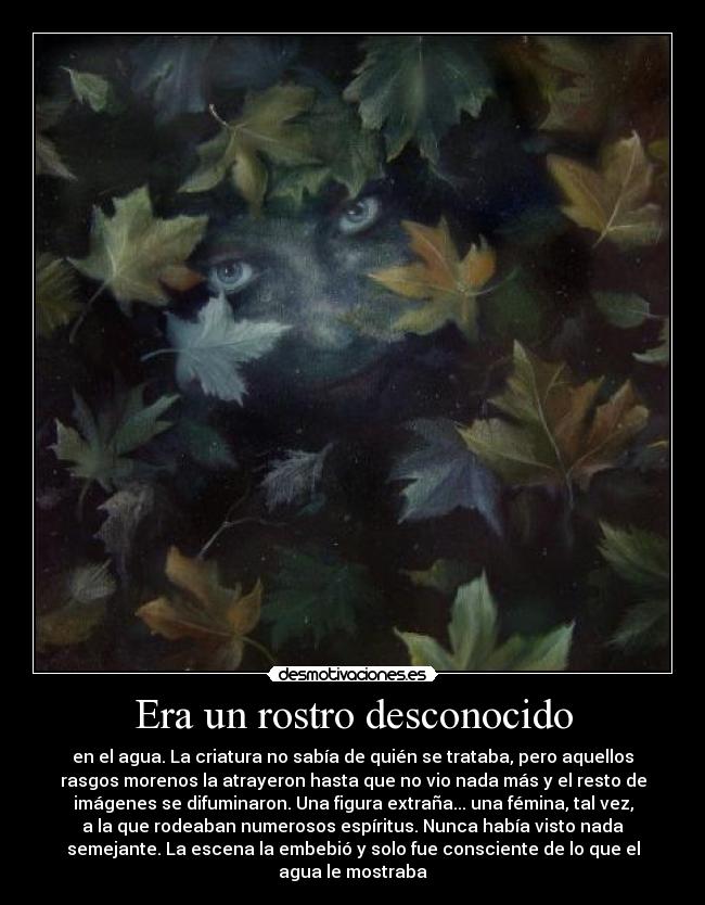 Era un rostro desconocido - en el agua. La criatura no sabía de quién se trataba, pero aquellos
rasgos morenos la atrayeron hasta que no vio nada más y el resto de
imágenes se difuminaron. Una figura extraña... una fémina, tal vez,
a la que rodeaban numerosos espíritus. Nunca había visto nada
semejante. La escena la embebió y solo fue consciente de lo que el
agua le mostraba