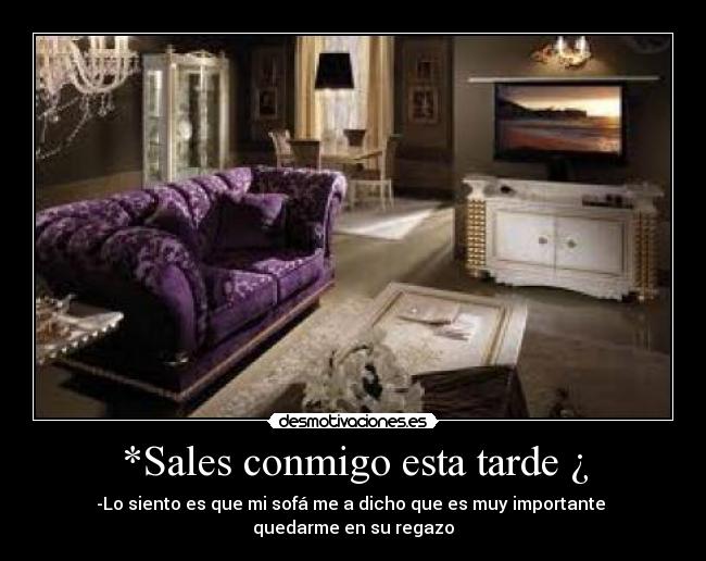 *Sales conmigo esta tarde ¿ - -Lo siento es que mi sofá me a dicho que es muy importante 
quedarme en su regazo