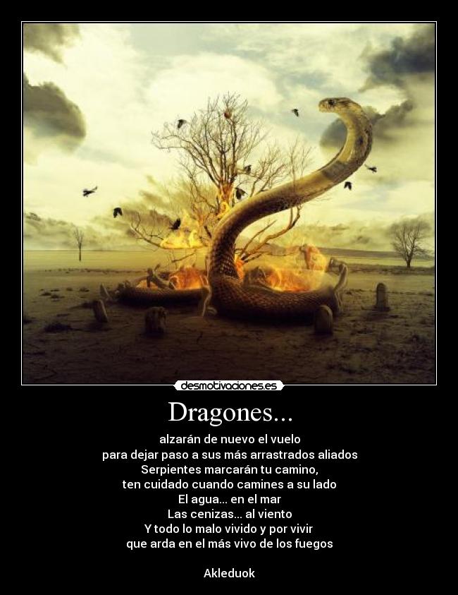 Dragones... - alzarán de nuevo el vuelo
para dejar paso a sus más arrastrados aliados
Serpientes marcarán tu camino,
ten cuidado cuando camines a su lado
El agua... en el mar
Las cenizas... al viento
Y todo lo malo vivido y por vivir
que arda en el más vivo de los fuegos

Akleduok