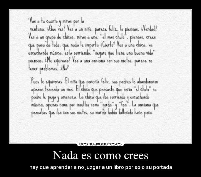 Nada es como crees - hay que aprender a no juzgar a un libro por solo su portada