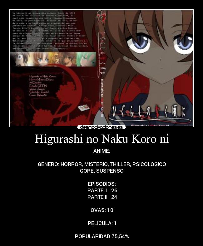 Higurashi no Naku Koro ni - ANIME:
GENERO: HORROR, MISTERIO, THILLER, PSICOLOGICO
GORE, SUSPENSO
EPISODIOS:
♣PARTE I 26
♣PARTE II 24
OVAS: 10
PELICULA: 1
POPULARIDAD 75,54%