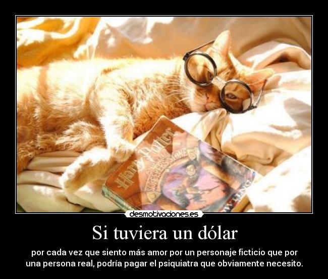 Si tuviera un dólar - por cada vez que siento más amor por un personaje ficticio que por
una persona real, podría pagar el psiquiatra que obviamente necesito.