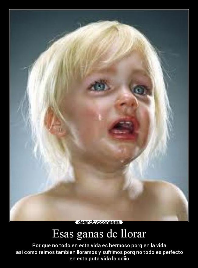 Esas ganas de llorar - Por que no todo en esta vida es hermoso porq en la vida
asi como reimos tambien lloramos y sufrimos porq no todo es perfecto
en esta puta vida la odiio