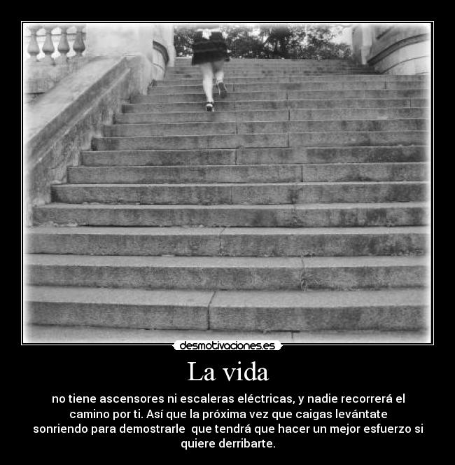La vida - no tiene ascensores ni escaleras eléctricas, y nadie recorrerá el
camino por ti. Así que la próxima vez que caigas levántate
sonriendo para demostrarle  que tendrá que hacer un mejor esfuerzo si
quiere derribarte.