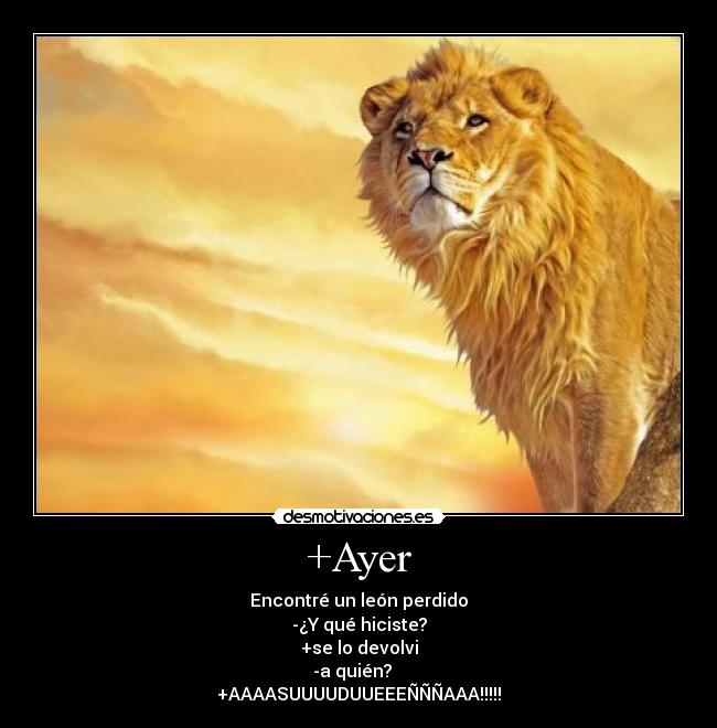 +Ayer - Encontré un león perdido
-¿Y qué hiciste?
+se lo devolvi
-a quién?
+AAAASUUUUDUUEEEÑÑÑAAA!!!!!
