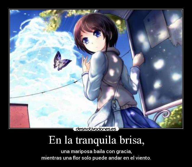 En la tranquila brisa, - una mariposa baila con gracia,
mientras una flor solo puede andar en el viento.