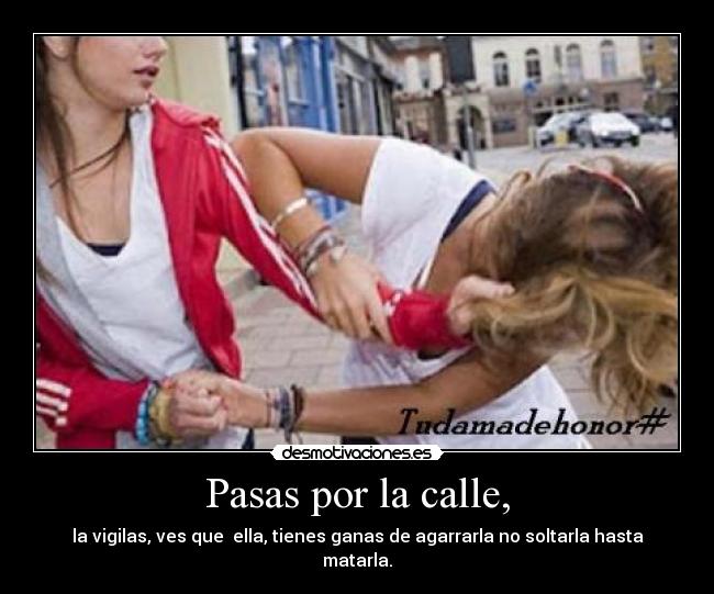 Pasas por la calle, - la vigilas, ves que ella, tienes ganas de agarrarla no soltarla hasta matarla.