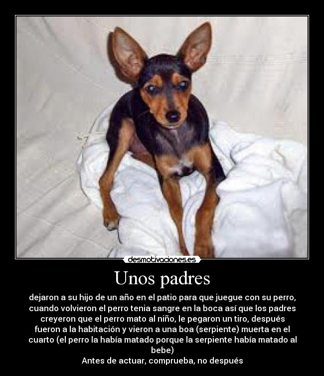 Unos padres - dejaron a su hijo de un año en el patio para que juegue con su perro,
cuando volvieron el perro tenia sangre en la boca así que los padres
creyeron que el perro mato al niño, le pegaron un tiro, después
fueron a la habitación y vieron a una boa (serpiente) muerta en el
cuarto (el perro la había matado porque la serpiente había matado al
bebe)
Antes de actuar, comprueba, no después