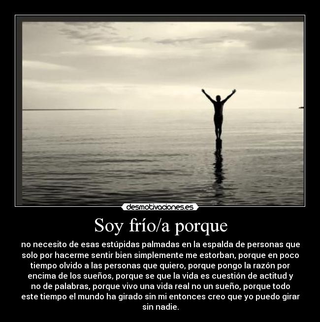 Soy frío/a porque - no necesito de esas estúpidas palmadas en la espalda de personas que
solo por hacerme sentir bien simplemente me estorban, porque en poco
tiempo olvido a las personas que quiero, porque pongo la razón por
encima de los sueños, porque se que la vida es cuestión de actitud y
no de palabras, porque vivo una vida real no un sueño, porque todo
este tiempo el mundo ha girado sin mi entonces creo que yo puedo girar
sin nadie.