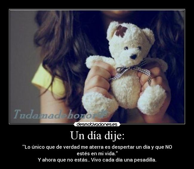 Un día dije: - Lo único que de verdad me aterra es despertar un día y que NO estés en mi vida.
Y ahora que no estás.. Vivo cada día una pesadilla.