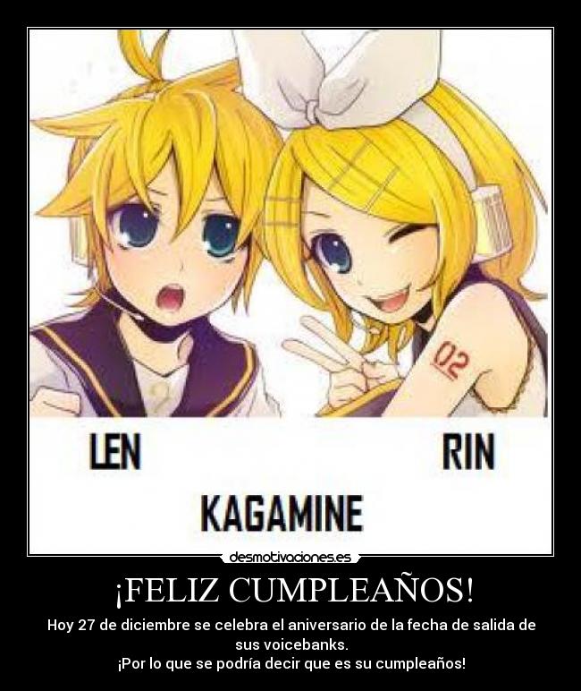 ¡FELIZ CUMPLEAÑOS! - Hoy 27 de diciembre se celebra el aniversario de la fecha de salida de sus voicebanks.
¡Por lo que se podría decir que es su cumpleaños!