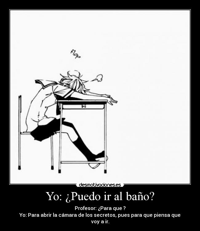 Yo: ¿Puedo ir al baño? - Profesor: ¿Para que ?
Yo: Para abrir la cámara de los secretos, pues para que piensa que voy a ir.