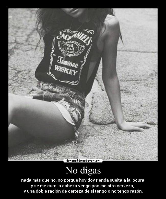 No digas - nada más que no, no porque hoy doy rienda suelta a la locura
y se me cura la cabeza venga pon me otra cerveza,
y una doble ración de certeza de si tengo o no tengo razón.