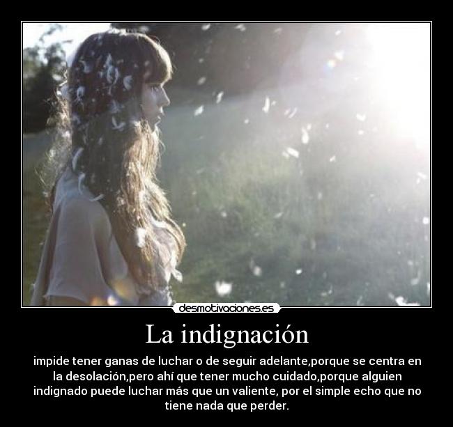 La indignación - impide tener ganas de luchar o de seguir adelante,porque se centra en
la desolación,pero ahí que tener mucho cuidado,porque alguien
indignado puede luchar más que un valiente, por el simple echo que no
tiene nada que perder.