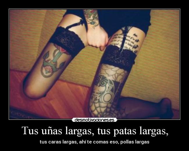 Tus uñas largas, tus patas largas, - tus caras largas, ahí te comas eso, pollas largas