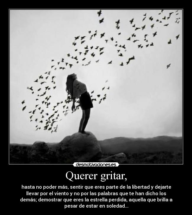 Querer gritar, - hasta no poder más, sentir que eres parte de la libertad y dejarte
llevar por el viento y no por las palabras que te han dicho los
demás; demostrar que eres la estrella perdida, aquella que brilla a
pesar de estar en soledad...