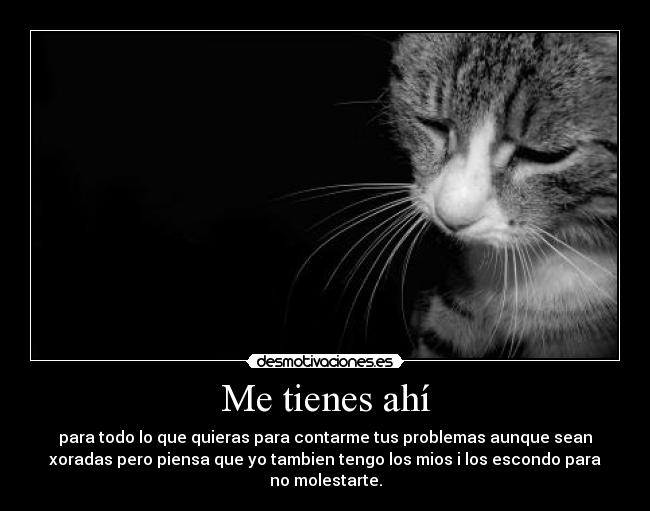 Me tienes ahí - para todo lo que quieras para contarme tus problemas aunque sean
xoradas pero piensa que yo tambien tengo los mios i los escondo para
no molestarte.