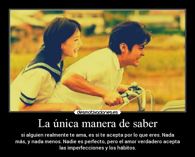 La única manera de saber - si alguien realmente te ama, es si te acepta por lo que eres. Nada
más, y nada menos. Nadie es perfecto, pero el amor verdadero acepta
las imperfecciones y los hábitos.