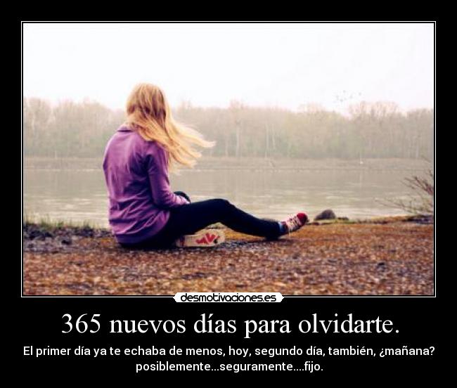 365 nuevos días para olvidarte. - El primer día ya te echaba de menos, hoy, segundo día, también, ¿mañana?
posiblemente...seguramente....fijo.