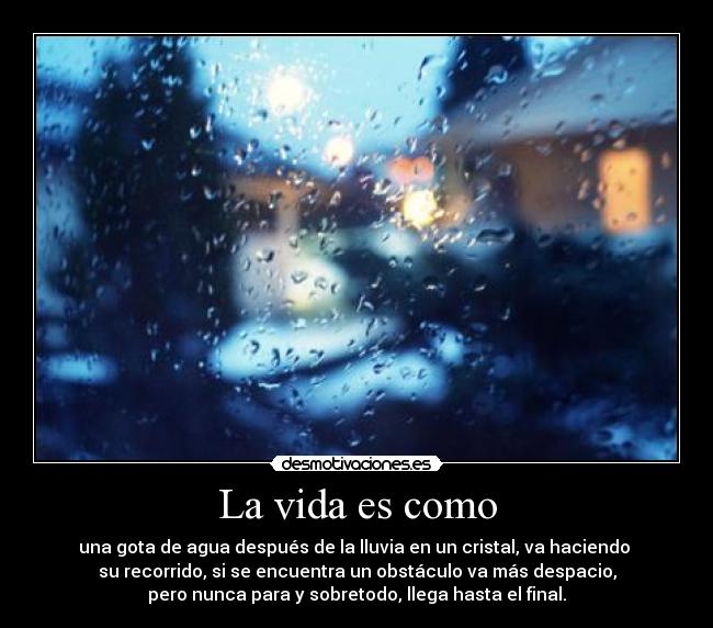 La vida es como - una gota de agua después de la lluvia en un cristal, va haciendo 
su recorrido, si se encuentra un obstáculo va más despacio,
pero nunca para y sobretodo, llega hasta el final.