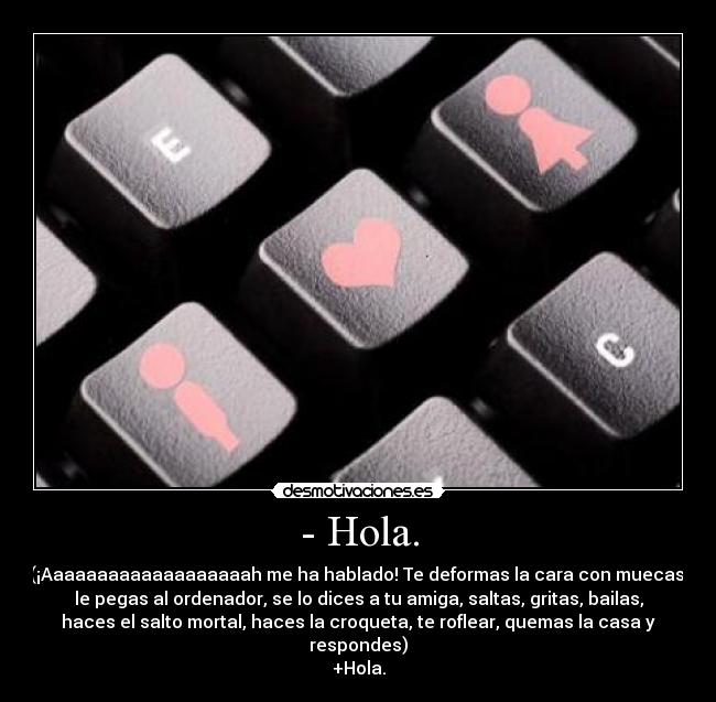 - Hola. - (¡Aaaaaaaaaaaaaaaaaaah me ha hablado! Te deformas la cara con muecas,
le pegas al ordenador, se lo dices a tu amiga, saltas, gritas, bailas,
haces el salto mortal, haces la croqueta, te roflear, quemas la casa y
respondes)
+Hola.