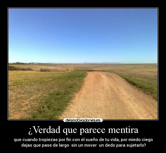 ¿Verdad que parece mentira - que cuando tropiezas por fin con el sueño de tu vida, por miedo ciego
dejas que pase de largo sin un mover un dedo para sujetarlo?