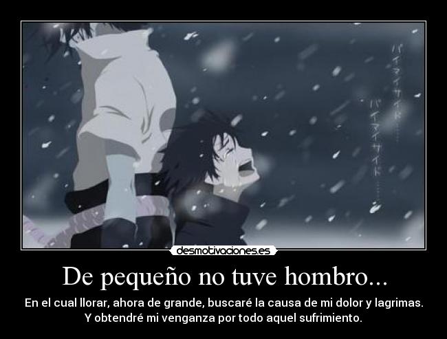 De pequeño no tuve hombro... - En el cual llorar, ahora de grande, buscaré la causa de mi dolor y lagrimas.
Y obtendré mi venganza por todo aquel sufrimiento.