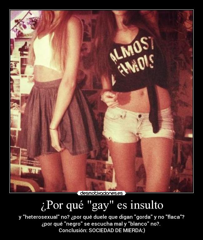 ¿Por qué gay es insulto - y heterosexual no? ¿por qué duele que digan gorda y no flaca?
¿por qué negro se escucha mal y blanco no?. 
Conclusión: SOCIEDAD DE MIERDA:)