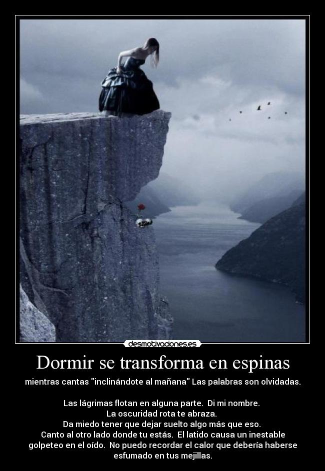 Dormir se transforma en espinas - mientras cantas inclinándote al mañana Las palabras son olvidadas.
Las lágrimas flotan en alguna parte. Di mi nombre.
La oscuridad rota te abraza.
Da miedo tener que dejar suelto algo más que eso.
Canto al otro lado donde tu estás. El latido causa un inestable
golpeteo en el oído. No puedo recordar el calor que debería haberse
esfumado en tus mejillas.
