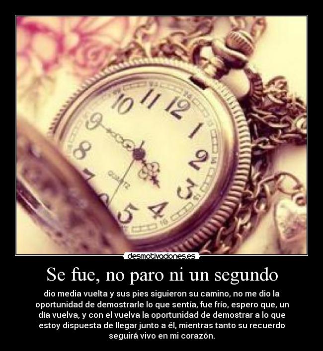 Se fue, no paro ni un segundo - dio media vuelta y sus pies siguieron su camino, no me dio la
oportunidad de demostrarle lo que sentía, fue frío, espero que, un
día vuelva, y con el vuelva la oportunidad de demostrar a lo que
estoy dispuesta de llegar junto a él, mientras tanto su recuerdo
seguirá vivo en mi corazón.