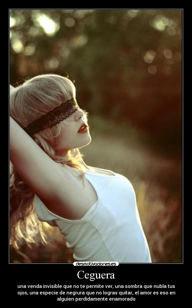 Ceguera - una venda invisible que no te permite ver, una sombra que nubla tus
ojos, una especie de negrura que no logras quitar, el amor es eso en
alguien perdidamente enamorado
