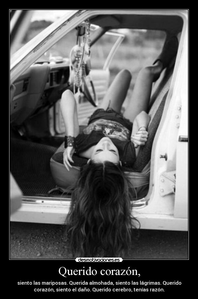 Querido corazón, - siento las mariposas. Querida almohada, siento las lágrimas. Querido
corazón, siento el daño. Querido cerebro, tenías razón.